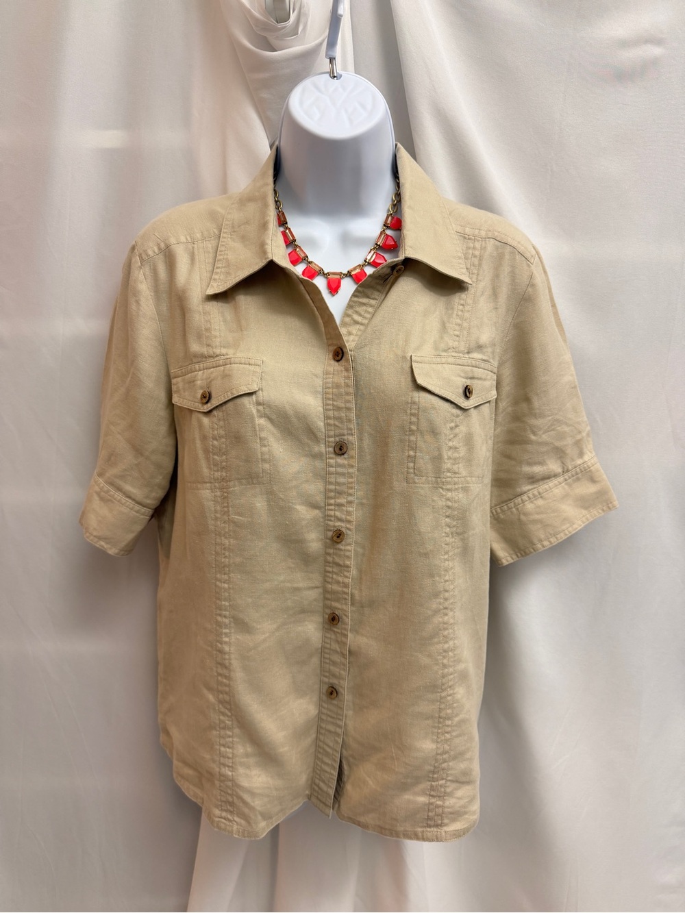 Saks Fifth Avenue Threads 100% Linen Short Sleeve Safari Shirt Beige Sz 12